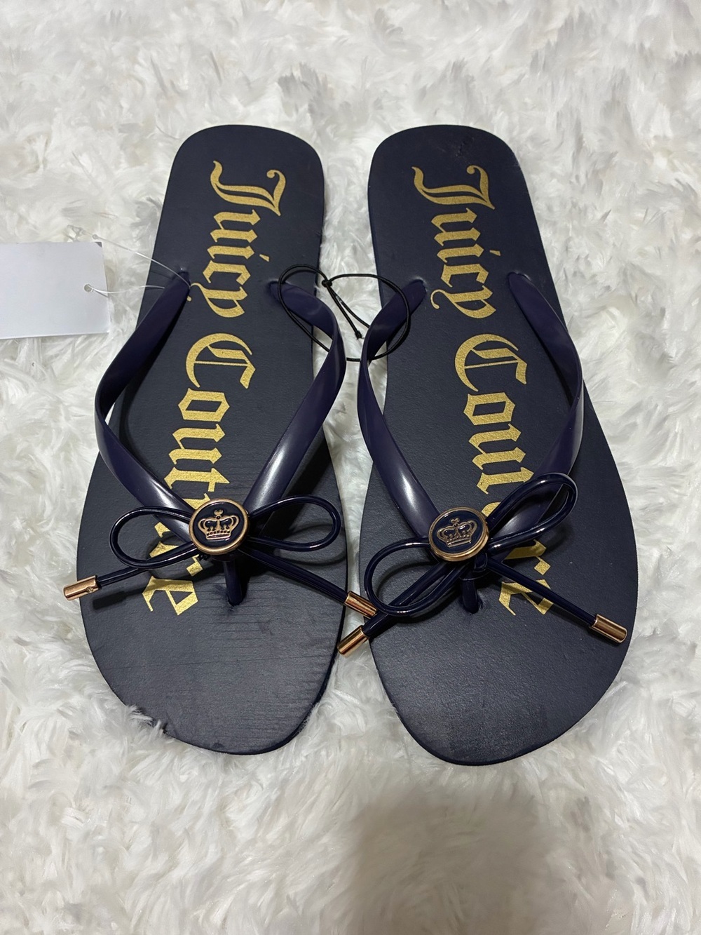 Juicy Couture Navy Gold Logo Bow Flip Flop Sandals